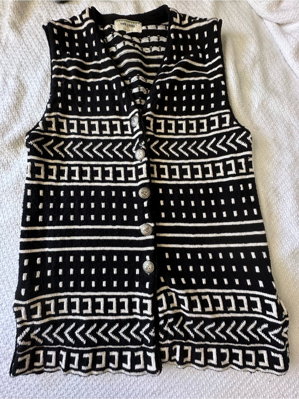 Black & White Geometric Knit Vest with Decorative Buttons
